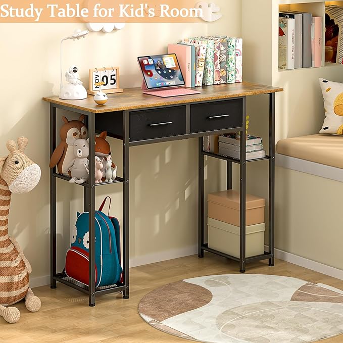 DAOUTIME Computer Desk with Drawers, 37.3 Inch Home Office Work Desk with Storage Shelf, Kids Teens Study Table for Small Space, Small Writing PC Table for Bedroom Makeup Vanity Desk, Brown