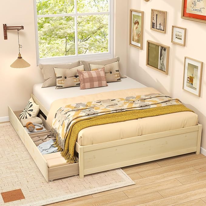 Giantex Queen Size Bed Frame with 2 Storage Drawers, Solid Wood Platform Bed with Slats Support, Heavy Duty Daybed with Storage, No Box Spring Needed, Queen Bed Frames for Teens Adults, Natural