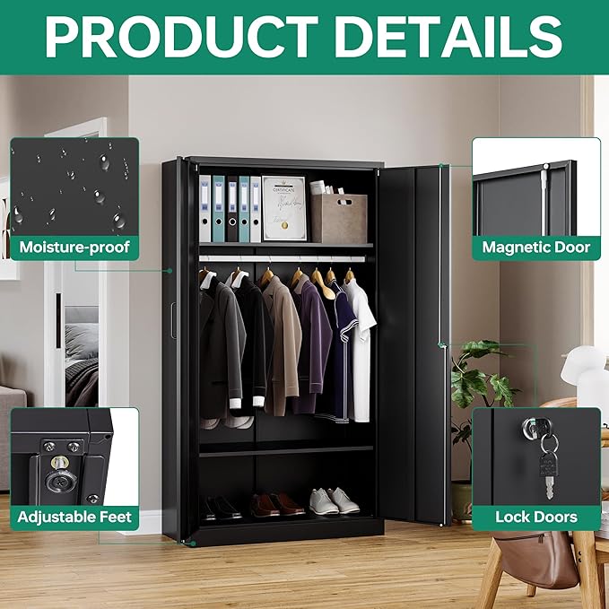 Letaya Metal Wardrobe Cabinets with Lock,Clothing Locker 72" X 36" X 18" Storage Cabinets for Home Room,Fire Department, School, Employee,Gym,Government (Black)