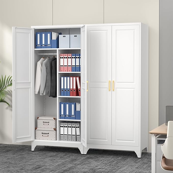Polup Metal Armoire Wardrobe Closet, 71" Tall White Wardrobe Cabinet with 2 Doors, Hanging Rod and Adjustable Shelves, Steel Clothing Storage Cabinet for Bedroom, Home, Employee, Gym, Office