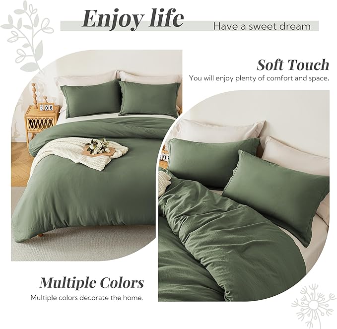 MILDLY Super Soft Duvet Cover 2pcs - 100% Washed Microfiber Olive Green Twin/Twin XL Comforter Cover Set with Zipper Closure & Corner Ties (No Comforter)