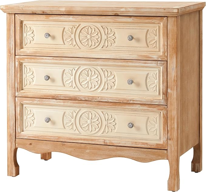 FansaFurn 3 Drawer Dresser with Pattern Carved Drawers, Vintage 3 Chest of Drawers for Bedroom, Wooden 3 Drawer Chest, Wide Nightstand, Large Side Table for Living Room, Natural