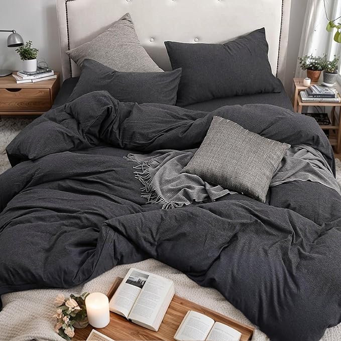 PURE ERA Jersey Knit Duvet Cover Set 100% T-Shirt Cotton Super Soft Comfy 3pc Bedding Set with Zipper Closure (Heather Charcoal Grey, King)