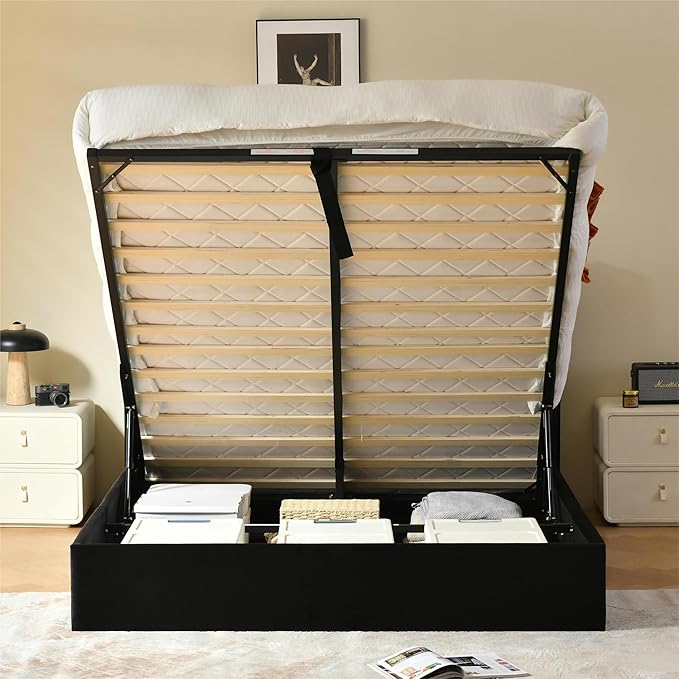 YUHUASHI Queen Size Hydraulic Storage Bed, Upholstered Platform Bed Frame, Modern Wingback Design Headboard, Velvet Fabric with Hydraulic Support Bars, No Box Spring Required (Black, Full)