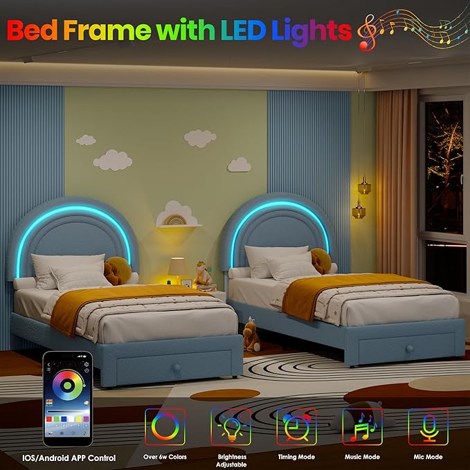 GarveeHome Twin Upholstered LED Bed Frame - with Storage Drawer and Rainbow Headboard, Berber Fleece Princess Platform Bed for Kids, Solid Wood Slats Support, No Box Spring Needed, Easy Assembly, Blue