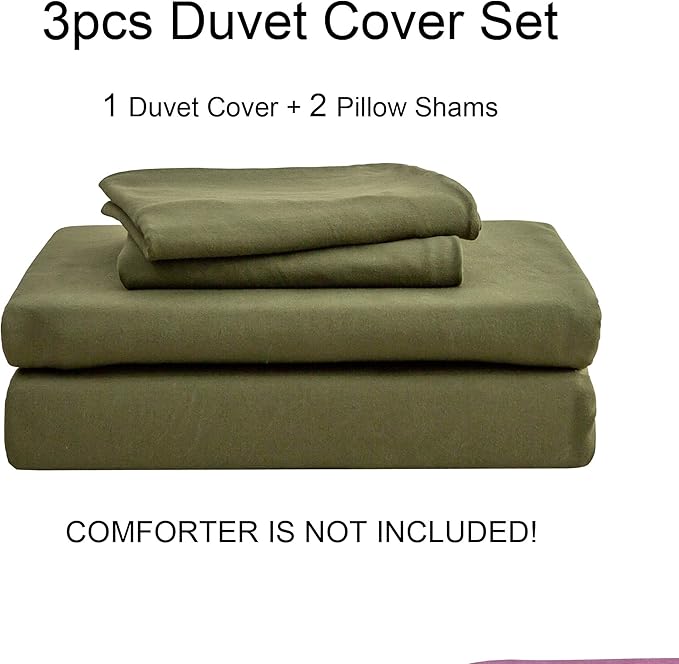 PURE ERA Jersey Knit Duvet Cover Set 100% T-Shirt Cotton Super Soft Comfy 3pc Bedding Set with Zipper Closure (Solid Olive Green, Full)