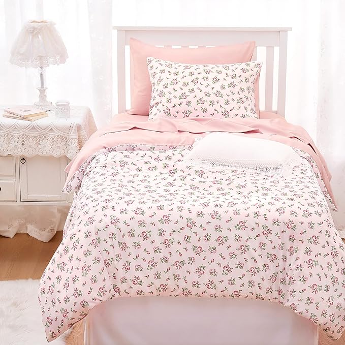 Wake In Cloud - Coquette Duvet Cover Set, Floral Cottagecore Flower Shabby Chic Cute Aesthetic, Soft Lightweight Bedding for Women Teen Girls, 3-Piece, Pink, Twin/Twin XL Size