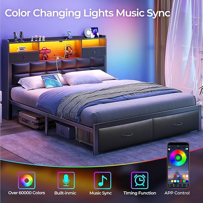Rolanstar Bed Frame Full Size with Drawers and Charging Station, Upholstered Platform Bed with Storage Headboard and LED Light, Heavy Duty Metal Frame Support, No Box Spring Needed, Noise Free, Black