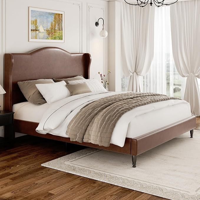 Queen Upholstered Bed Frame with Tall Headboard, Leather Platform Bed Frame with Wingback Sides, Wood Slats Support, Noise-Free Design, No Box Spring Required, Easy Assembly, Dark Brown