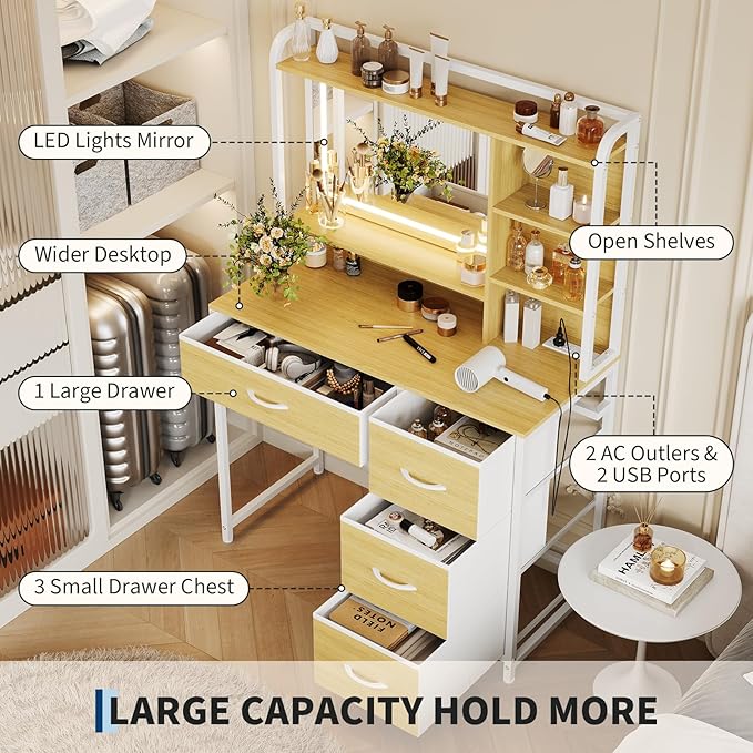 GarveeHome Vanity Desk with Mirror, 35.4” Makeup Vanity Table with Shelves, 4 Fabric Drawers Storage, Modern Dressing Table for Bedroom, Gift for Women