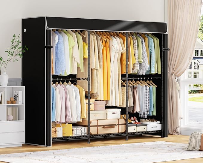 ULIFHOME E14C Pro Heavy Duty Closet Organizer System,Freestanding Clothing Racks for Hanging Clothes,Adjustable Garment Rack 70.1"W × 16.6"D × 76.4"H Hold 960 lbs,Black Rack with Black Dustproof Cover