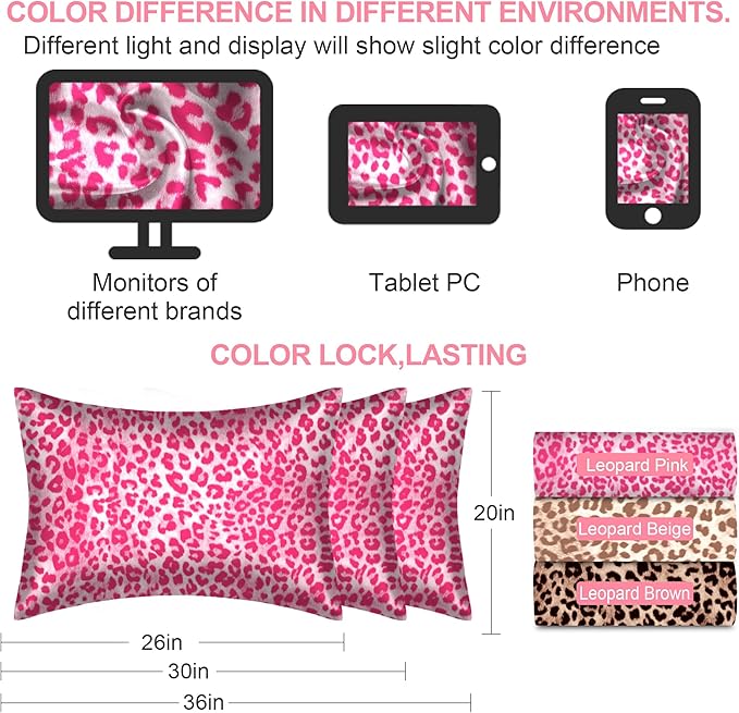 Silk Pillow Cases 2 Pack Standard Size with Hidden Zipper, Mulberry Silk Pillowcase for Hair and Skin, Smooth and Soft Breathable Cooling Silk Satin Pillowcase Set of 2, Gifts for Women,Leopard Pink