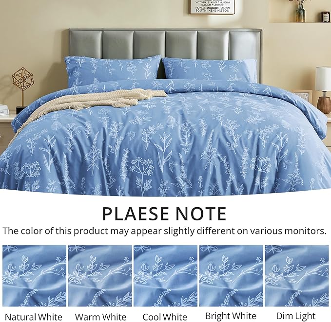 MUXHOMO Duvet Cover Full Size, Reversible Floral Ice Blue Duvet Cover Set with Zipper Closure, 3 Pieces Botanical Patterns Soft Microfiber Bedding Set with 4 Ties (80"x90", 2 Pillow Cases)