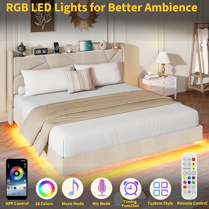 Garvee King Size Floating Bed Frame with RGB LED Lights and Charging Station, Upholstered Platform Bed with Storage Headboard and Button Tufted Design, No Box Spring Needed, Beige