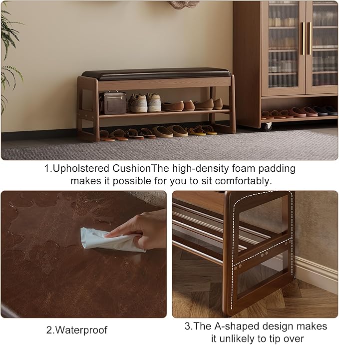 AQIMUELE Shoe Rack Bench,2 Tiers Shoe Bench with Storage with Flip-Top,Wood Shoe Rack for Entryway,Hallway(Dark Walnut Upholstered Seat,11.8" D x 39.3" W x 15.7" H)
