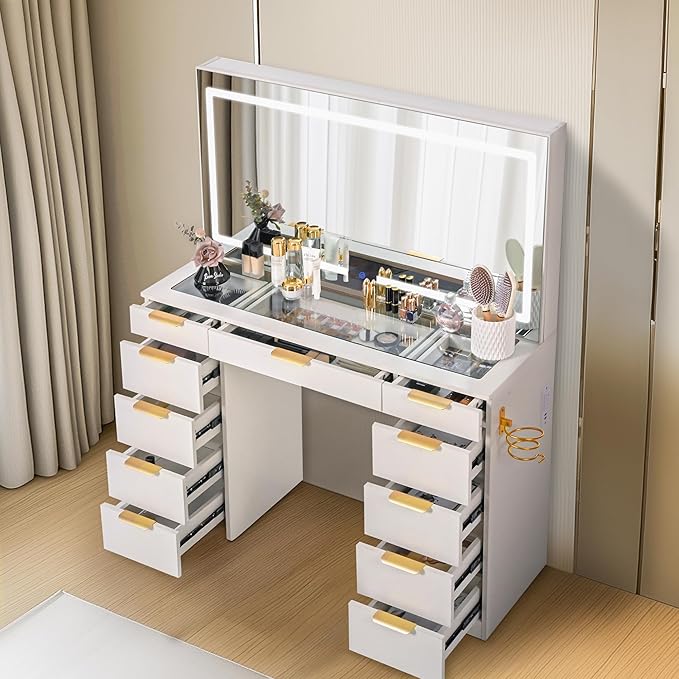 Pamapic Glass Top Vanity Desk with LED Lighted Mirror, 11 Drawers Vanity Desk with Charging Station, 3 Lighting Modes Dressing Table, Golden Handles, Makeup Table, White