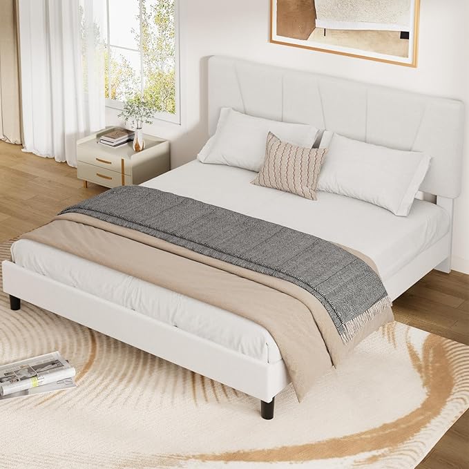 Full Size Upholstered Platform Bed Frame with Adjustable Headboard, Fits 8-14 Inch Mattress, Heavy Duty Bed Frame with Wooden Slats Support, Noise-Free, Non-slip, No Box Spring Needed, Easy Assembly