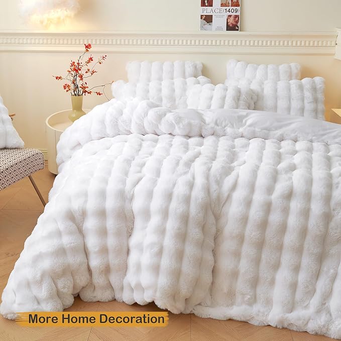 LIFEREVO Fluffy Faux Rabbit Fur Body Pillow Cover, Luxury Bubble Waffle Shaggy Plush Bed Body Pillowcase with Zipper Closure, Long 20"x54" Fuzzy Furry Pillow Case for Adults Kids Girls Teens, White