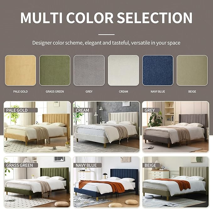 YUHUASHI upholstered Platform Bed Frame/King Bed Frame/Modern Geometric Double-Wing Design headboard/Linen Fabric/Easy to Assemble no Noise (Navy Blue, King (U.S. Standard))