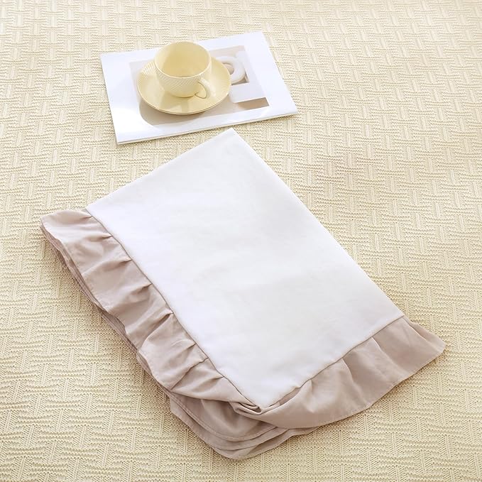 Merryword Beige Pillow Ruffled Shams White and Beige Reversible King Pillowcases Cute Pillow Cover Set of 2 Soft Shabby Chic Pillowcases 2 Pack (King (20''x36''), White Beige)