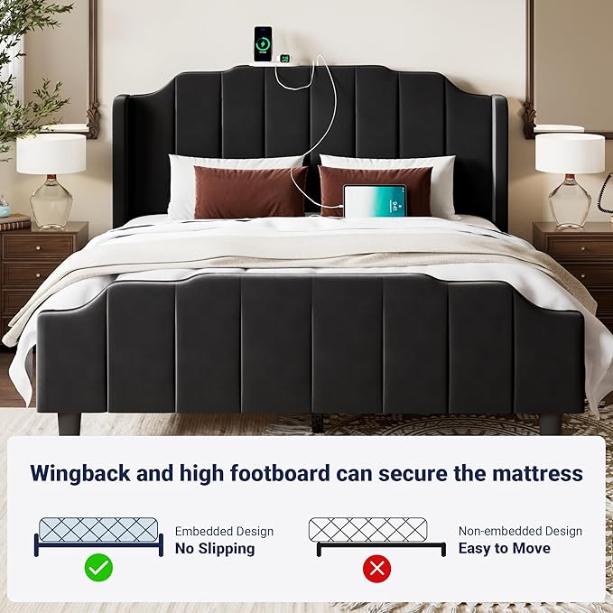 Allewie Vintage Full Size Velvet Platform Bed Frame with Curved Vertical Tufted Wingback Headboard and Footboard, Charging Station, Easy Assembly, Under Bed Storage, No Box Spring Required, Black