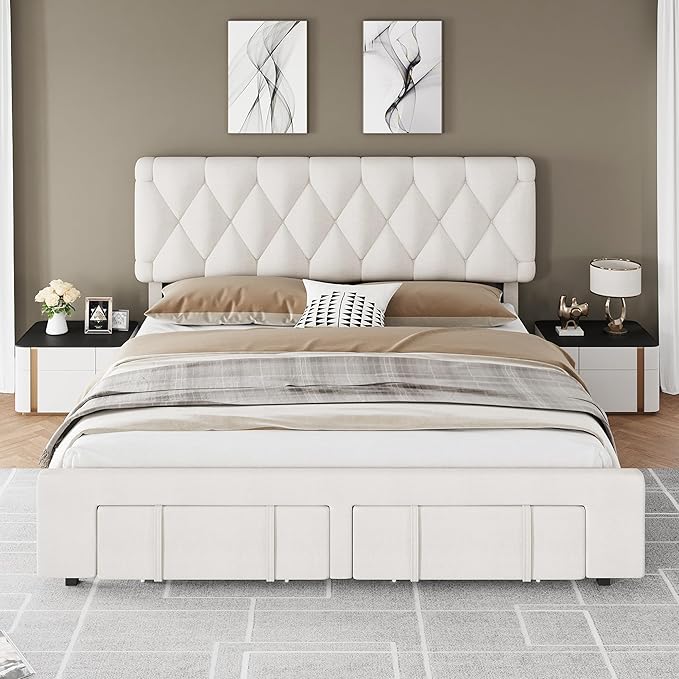GarveeHome Full Size Bed Frame, Upholstered Platform Bed Frame with Storage Drawers, Mattress Foundation with Solid Wooden Slats Support, No Box Spring Needed, Beige