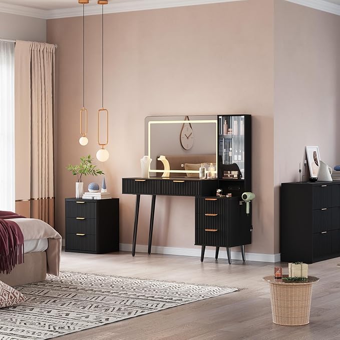 Garvee 48" Fluted Makeup Vanity Desk with Mirror and Lights, Glass Top Vanity Table with 5 Drawers, Open Shelf and Power Outlet, Modern Dressing Table for Bedroom and Living Room