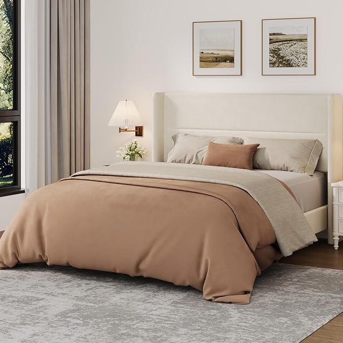 Garvee Queen Size Bed Frame with Wingback Headboard, Velvet Upholstered Platform Bedframe with Wood Slats, No Box Spring Needed, Easy Assembly, Beige