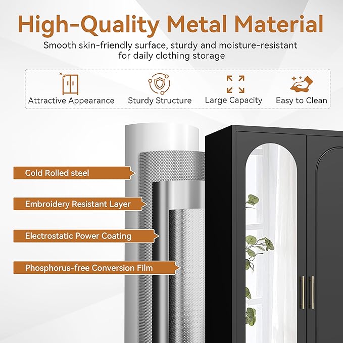 Polup Metal Armoire Wardrobe Closet with Mirror, 71" Tall Steel Clothing Storage Cabinet with Doors, Hanging Rod and Adjustable Shelves, Freestanding Clothes Organizer for Bedroom, Office, Black