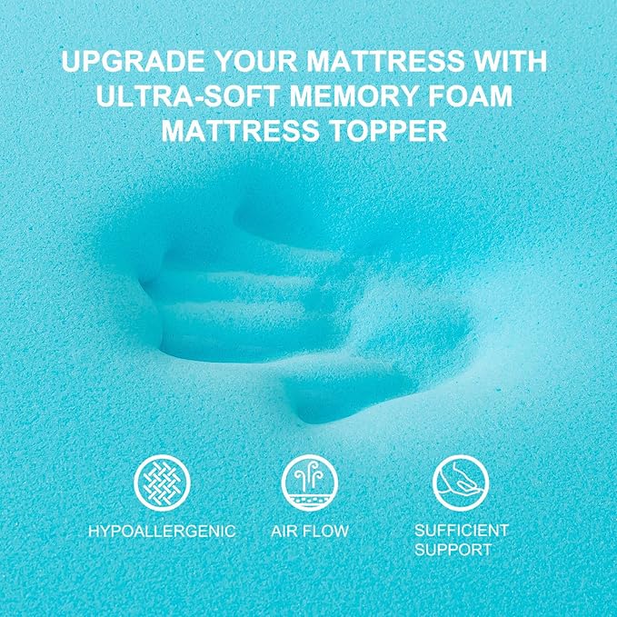 Memory Foam Mattress Topper 2inch+2inch Queen Size, Pressure-Relieving Bed Topper with Secure Strap Design for Back Pain, Soft and Supportive, Shredded Memory Foam