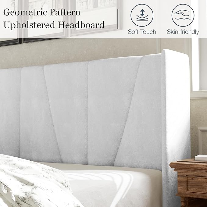 HAOARA King Bed Frame with Headboard, Velvet Upholstered Platform Bed Frames with Wingboard, Contemporary Mattress Foundation, Noise Free, No Box Spring Needed, Easy Assembly, White