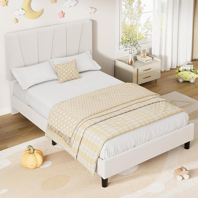 Twin Size Upholstered Platform Bed Frame with Adjustable Headboard for Kids, Fits 8-14 Inch Mattress, Heavy Duty Bed Frame with Wooden Slats Support, Noise-Free, Non-slip, No Box Spring Needed