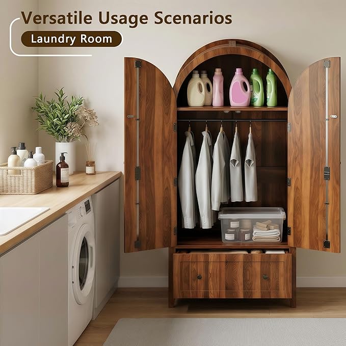 Einhomn Armoire Wardrobe Closet with Drawer & 2 Arched Doors, 70.3'' Tall Wood Closet Organizer with Hanging Rod & 3 Hooks, Large Storage Cabinet Freestanding Bedroom Admoires, Easy Assembly, Walnut