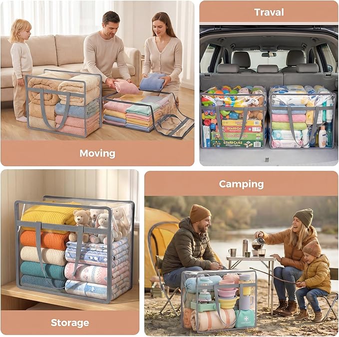 Budding Joy Clear Zippered Storage Bags for Clothes,40L Closet Organizers and Storage Containers Vinyl Moving Bag for Bedding, Linen, Blankets, Comforters, Clothing & Toys, Grey, 4 Pack