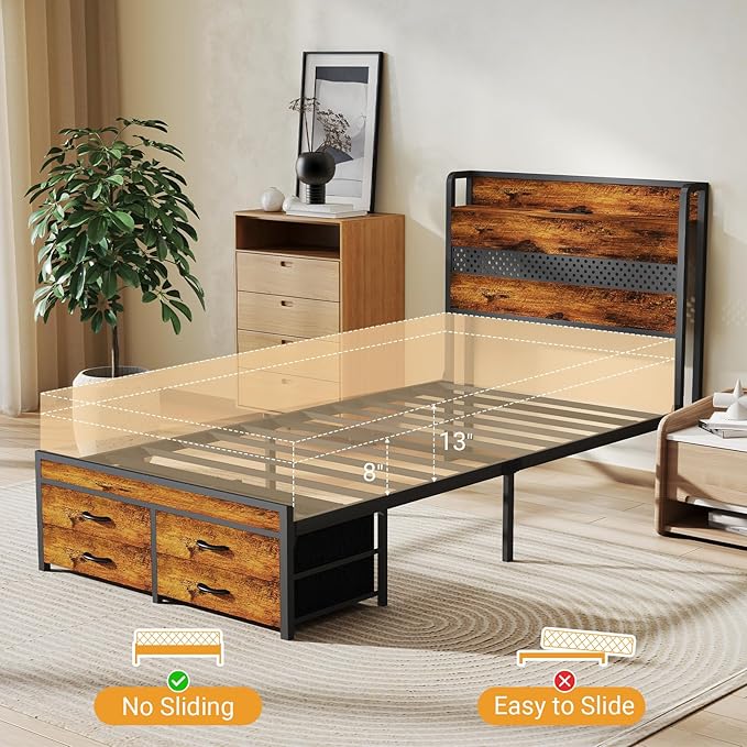 Zevemomo Twin Bed Frame with Storage Drawers, Twin Metal Bed Frame with LED Light and Charging Station, Heavy Duty Metal Slats, No Box Spring Needed, Rustic Brown