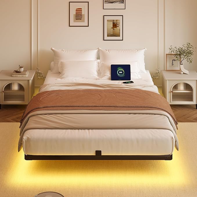 Decofy Queen Size Floating Bed Frame with LED Lights and Charging Station, Modern Minimalist Design, No Spring Mattress Required, Easy to Assemble