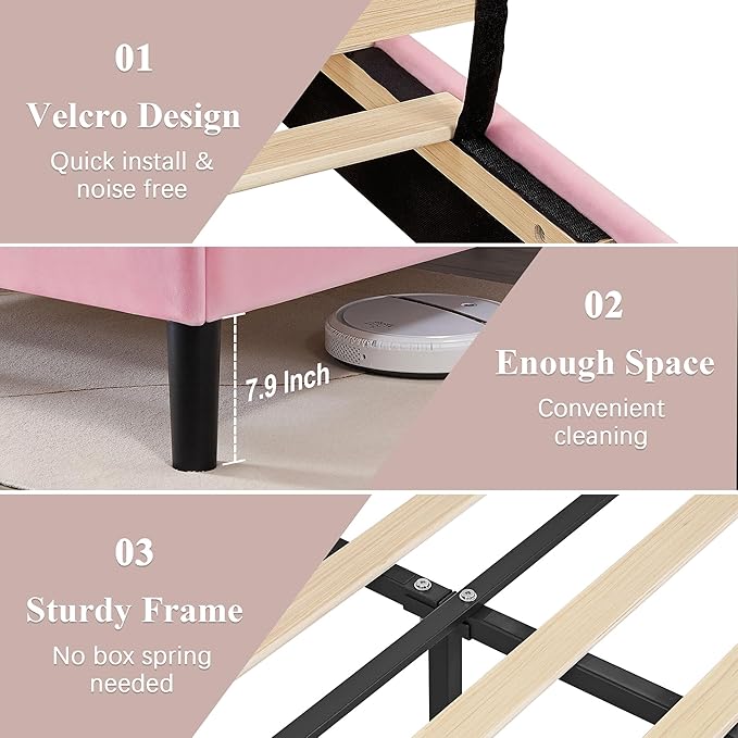 VECELO Queen Size Velvet Bed Frame with Headboard, Upholstered Platform Bedframe with Strong Wooden Slats, No Box Spring Needed, Easy Assembly,Pink