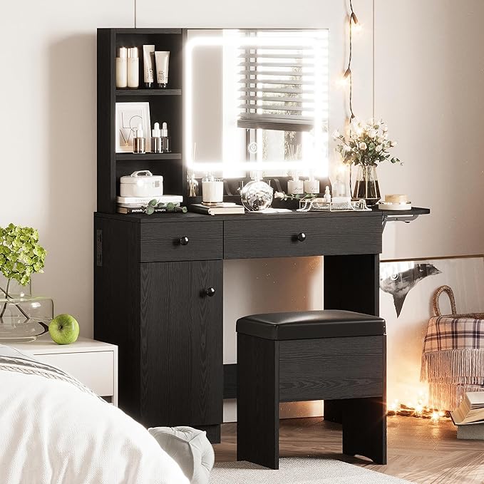 IRONCK Vanity Desk with LED Lighted Mirror & Power Outlet, Makeup Table with Drawers & Cabinet,Storage Stool,for Bedroom, Black
