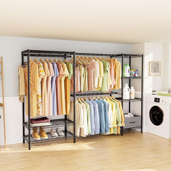Golpart Coat Rack Clothes Wardrobe:Closet Organizer and Storage Clothing Garment Rack with Shelves Heavy Duty for Hanging Clothes Portable Adjustable Black 15.8" Dx(70-88.5)" Wx76.5 H