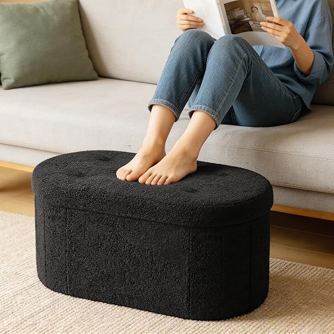 DUMOS Folding Storage Ottoman Bench, Oval Round Ottoman End of Bed Foot Rest Bench Stool with Cushion, Storage Chest for Bedroom, Living Room, Entryway, Dorm, Teddy Fabric, Black