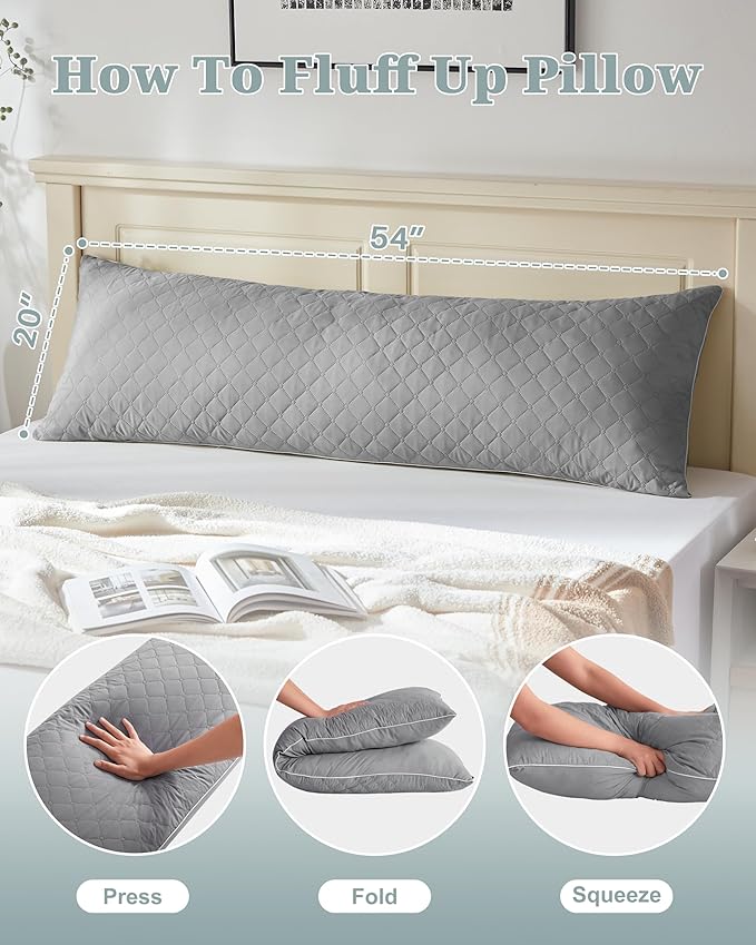 YZ HOME Long Body Pillow for Adults, Firm Body Pillow Shredded Memory Foam, Adjustable Height,Support for Side Sleeping & Pregnant Women(Grey, 20x54 Inch)