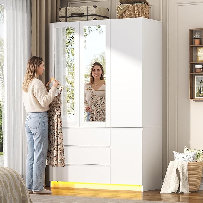 3 Doors Armoire Wooden Wardrobe Closet with 3 Drawers & 2 Mirror, 75"H Clothing Storage Cabinet with Hanging Rod,Modern Bedroom Large Freestanding Armoires with Led Lights for Bedroom,White