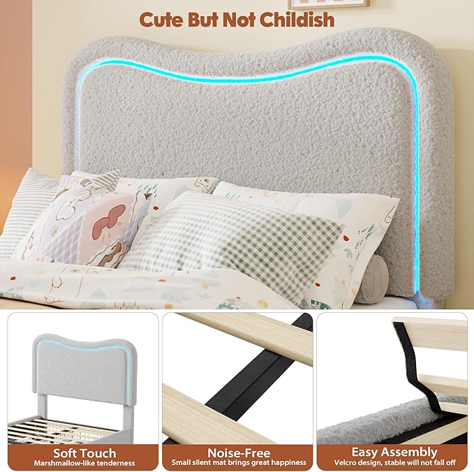 GarveeHome Upholstered LED Twin Bed Frames for Kids with 2 Drawers and Headboard, Cute Twin Bed with Storage for Girls, Boys, Sturdy Platform Bed, No Box Spring Needed, Wooden Slats, Noise Free, Grey