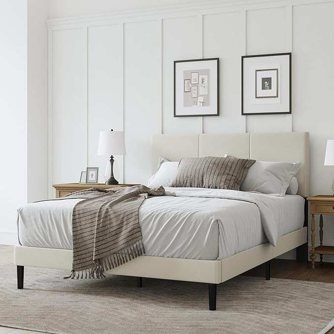 Full Size Bed Frame with Headboard, Velvet Upholstered Platform Bed Frame, Sturdy Slatted Support for Springless Mattresses, Silent Operation, Easy to Assemble, Beige