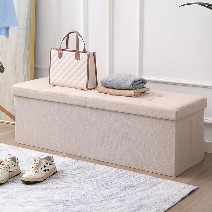 45.3 Inches Ottoman Bench With 166L Storage Space - Foldable Seat Footrest Shoe Bench for End of Bed - Flipping Lid, Linen Fabric, Navy