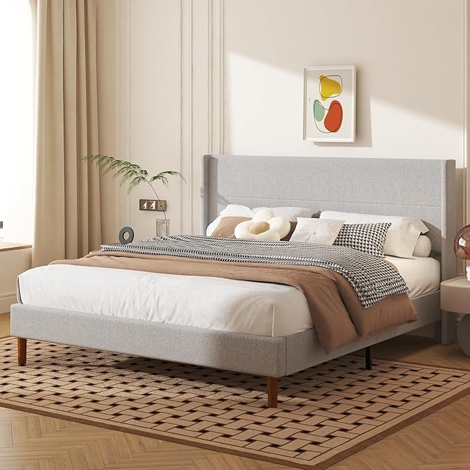 King Size Bed Frame, Linen Upholstered Platform with Wingback Headboard, Wooden Slats Support, No Box Spring Needed, Easy Assembly, Lightgrey