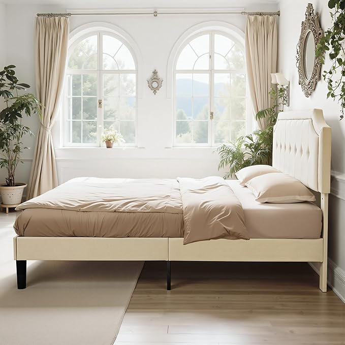 VECELO Queen Size Platform Bed Frame with Fabric Upholstered Headboard and Wooden Slats Support, No Box Spring Needed/Easy Assembly,Beige