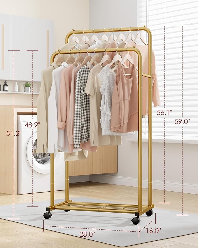 Sakugi Clothes Rack - Clothing Rack with Storage Mesh Shelf & Casters, Heavy-Duty Metal Clothing Rack for Hanging Clothes, Dresses, Coats, Large Load Capacity, Easy Assembly, Gold, 28.0"x16.0"x59.0"