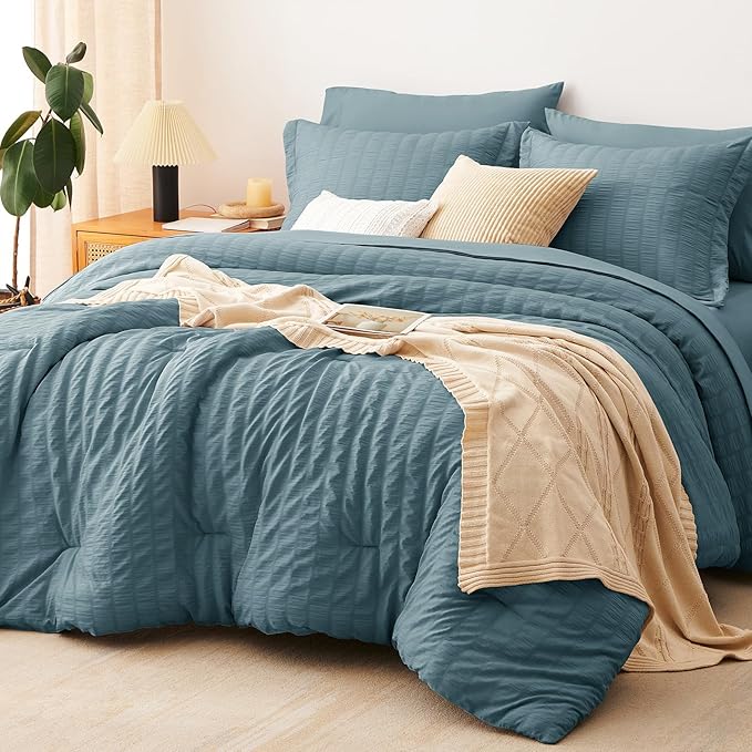CozyLux Twin Comforter Set with Sheets 5 Pieces, Mineral Blue Seersucker Textured Bed in a Bag, Luxury Soft Bedding Sets with Down Alternative Comforter, Sheets, Pillowcase & Sham for All Seasons