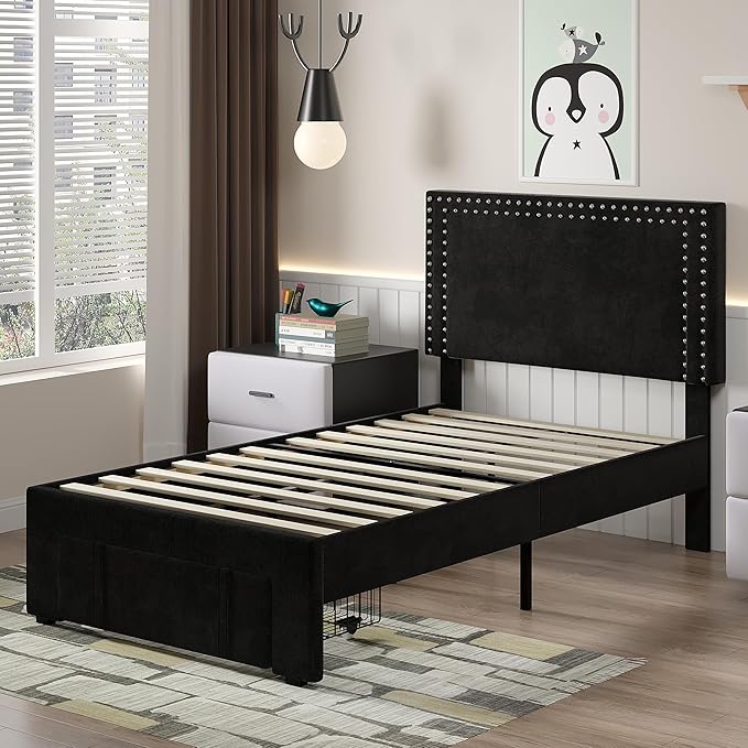 VECELO Twin Size Upholstered Bed Frame with Storage Drawer, Adjustable Velvet Rivet Decor Headboard, Wooden Slats Platform Support, No Box Spring Needed, Easy Assembly,Black